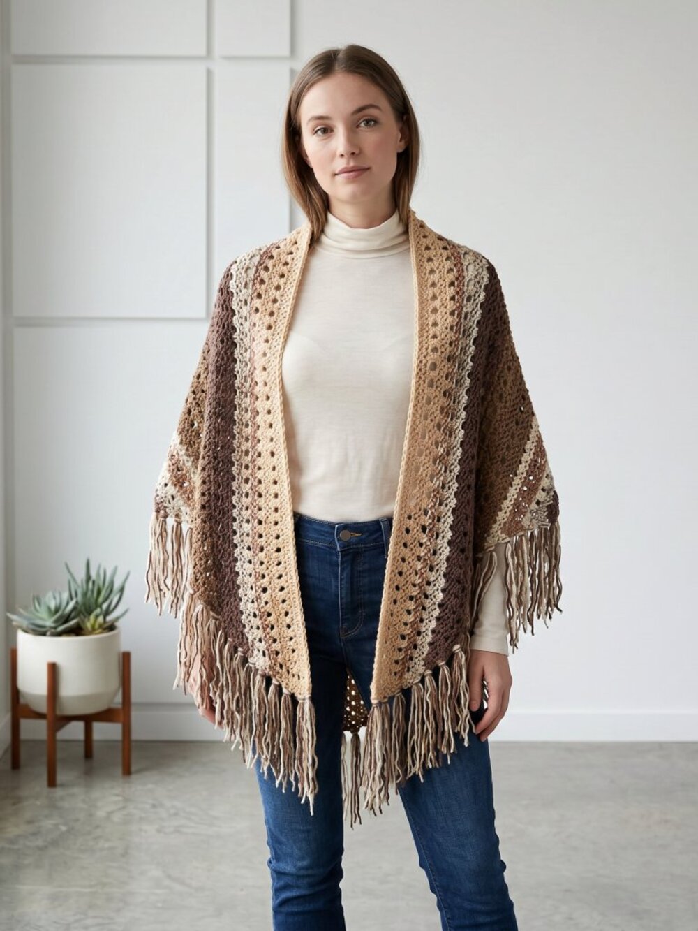 NEW Brown Tan Multi Hand Knitted Shawl Wrap Scarf Boho Fringe Cottage Indie Art